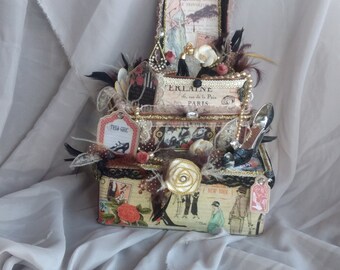 Altered art boxes, faux cake, Paris altered tin, Party centerpiece, Mixed media box, French party decor,Bridal shower decor,floral display