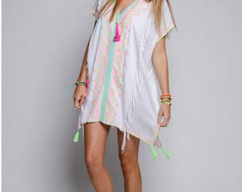 Bohemian White Tunic Kaftan with Fringe & Embroidery Details. Swim Cover Up. Boho Chic Resort Wear. Unique Gift Ideas.