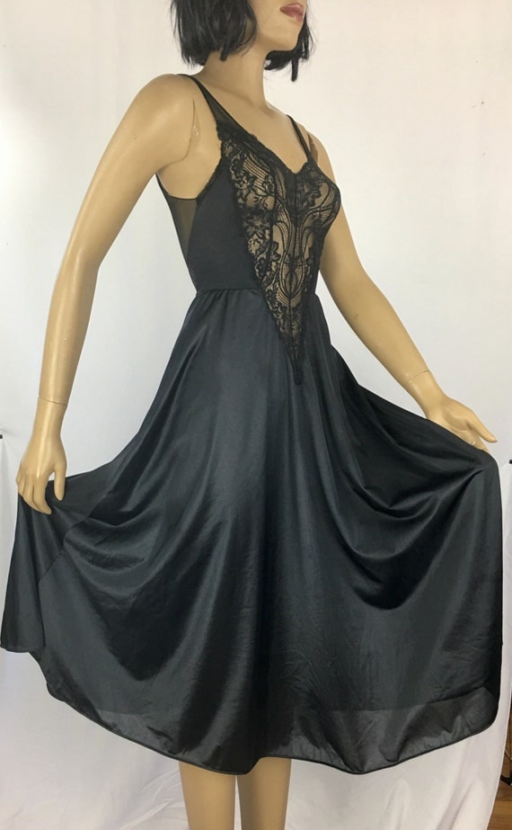 Vintage Olga Nightgown Black Negligee Full Sweep Sheer Back