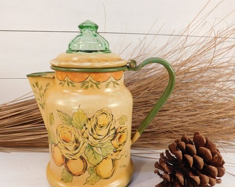 Vintage Enamel Flowers Coffee Percolator With Green Glass Lid, Farmhouse Chic