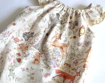 woodland baby romper, Summer dress, baby shower gift, baby girl clothes, newborn baby dress, coming home outfit, fox baby clothes,