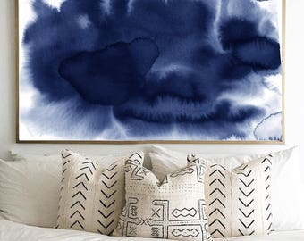 Blue Watercolor Painting Large Abstract Art Print Indigo Blue Navy Minimalist art Paint Splatter Minimal Watercolor Boho Home Decor Modern