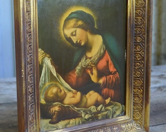 French Vintage Religious Icon, Madonna and Child, Christianity, Faith, Icon, Jesus, Mary, Gold Frame, Vintage