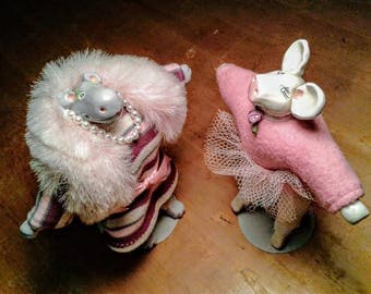 Two 1980's Dolls SIGNED by Artist Hippo Lady Pig Ballerina Pearls Tutu Ceramic Porcelain Plush Toy Doll Cute Fancy Gift Pink Art Collectible