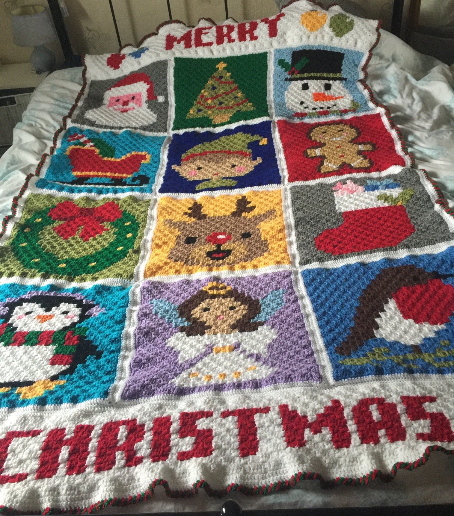 Christmas C2C handmade Crochet Blanket character squares