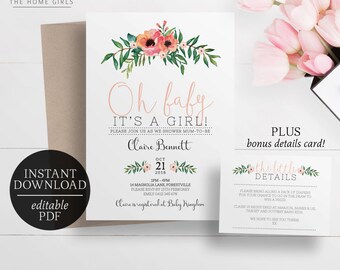 Printable Floral Baby Shower Invitation | Editable Template | Oh Baby | It's a Girl | It's Twins | It's a boy | Bright Watercolour Flowers