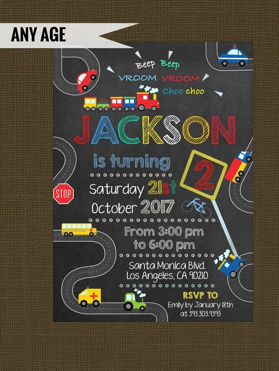 Transportation birthday invitation - Transportation printable invitation - Chalkboard Transportation - Trucks invitation - DPI9087 Il_570xn