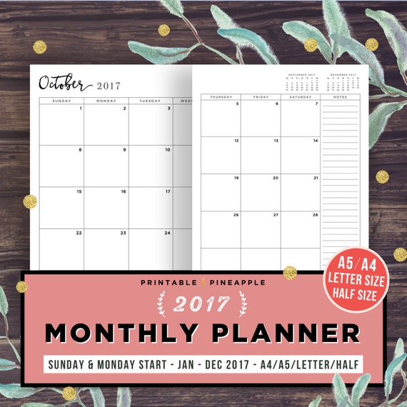 2017 Monthly Planner Printable Filofax A5 Half Size Inserts