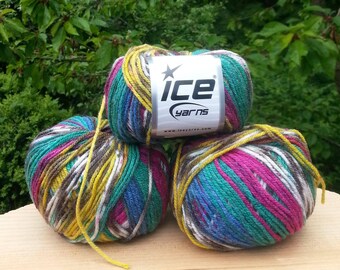 Knitting yarn. Lot of 3 Skeins Ice Yarns. Multicolored yarn. Acrylic yarn. Yarn for knitting. Vegan Friendly!