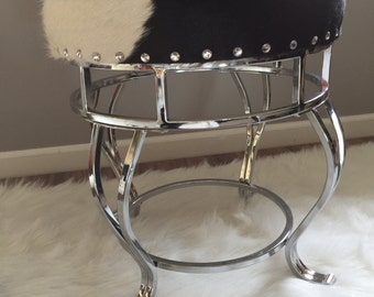 Chrome and Genuine Cowhide Vanity Stool/Footstool