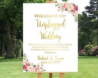 Gold Boho Personalised Unplugged Wedding Printable Sign, Floral Unplugged Wedding Sign, Unplugged Welcome Sign, No Cell Phone Download 110-G