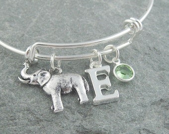 Elephant bracelet, silver elephant jewelry, initial bracelet, swarovski birthstone, adjustable bangle, elephant charm, animal jewelry