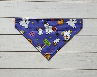 Purple Halloween Dog Bandana, Purple, Orange, Pumpkin, Over the Collar Dog Bandana, Ghosts