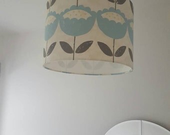 Modern bespoke lampshade, 30cm diameter, retro, blue flower pattern, pendant lighting, drum lampshade, handmade lighting