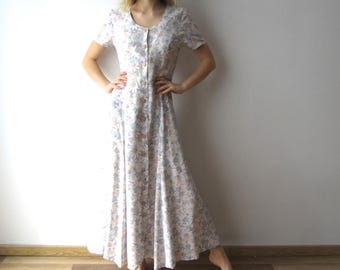 Vintage Maxi Summer Dress Flowers Print Dress Short Sleeve Button Up Shirt Dress Festival Dress Medium/Large Size 90's Dress Church Dress