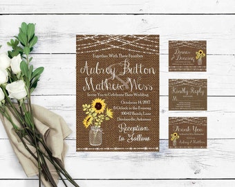 Mason Jar Wedding Invitation Templates- Sunflower Wedding Invitation- Burlap Wedding Invitations- Rustic Wedding Invitation Printable