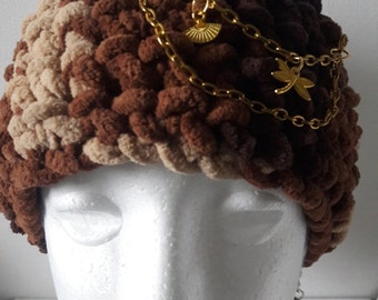 Crochet brown cosy soft earmuff, Winter warm Boho style headband with golden chain and charms