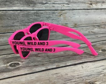 Young, Wild and Three KIDS Personalized Sunglasses, Third Birthday Party Favors, Girl 3rd Birthday Childrens Gift Bag Stuffer, Pink Heart