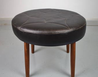 Danish Mid Century Vintage Retro Black Leather Circular Foot Stool / Ottoman 60s