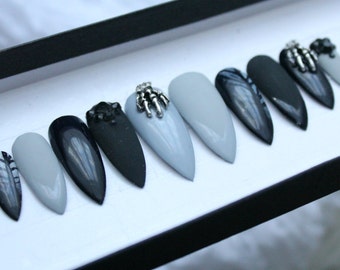 Witch Goth Press on Nails Occult Skeleton Moon Phase
