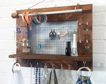 Jewelry organizer wall. Jewelry Display Jewelry holder. Jewlery Storage. Holder Necklace Earring Bracelet. Wall organize. Background dots.