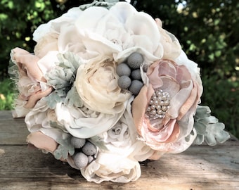Romantic Fabric Flower Bouquet, Brooch Bouquet, Fabric Flowers, Bridal Bouquet in blush and off-white, keepsake, alternative bouquet