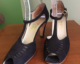 70's Does 40's Salvatore Ferregamo Black Suede T-Strap Mary Janes with Vamp Cutouts