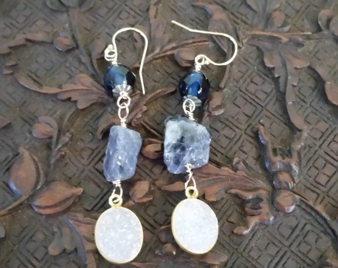 Earrings Featuring a Vintage Cobalt Blue Glass Bead, a Raw Iolite Nugget, and a White Druzy that Reflects lots of Colo.14k Gold Filledr