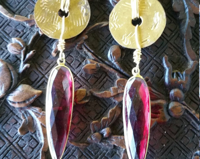 Earrings with Red Quartz, 14 K GF, sterling and Brass
