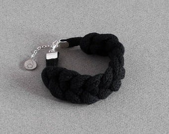 Black - Textile knitted bracelet - braided bracelet - cotton - sterling silver