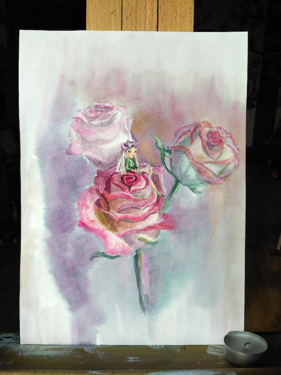 Flower Fairy watercolor ORIGINAL art work Rose faerie by ImbirArt