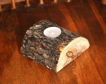 Live Edge, White Elm, Wood Candle Holder, Tea Light Holder, Half Round Single Tea Light Holder, Live Edge Slab, Rustic Candle Holder.