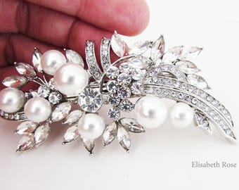 Rhinestone and White Pearl Bridal Hair Barrette, Crystal and Pearl Hair Clip for Bride, Wedding Day Hair Barrette, Bridal Pearl Hair Clip