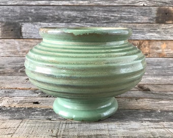 Vintage McCoy Floraline Green Ribbed Flower Pot, McCoy Plant Pot, Roseville Floraline