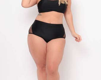 Plus Size Mesh Hatler Bikini Set - Black - 1X - 3X
