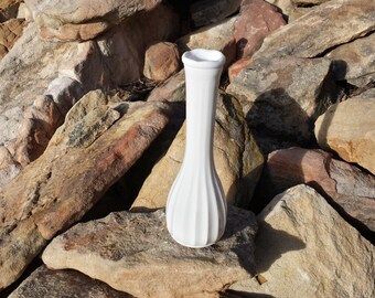 Vintage Farmhouse Milk Glass Vase - Ribbed with Scalloped Rim - Carr-Lowrey Bud Vase 1950s
