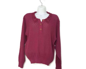 Vintage Antique Pink Sweater w/ Lace Collar and Detailed Buttons 16 / 18 Plus Size XXL women's Sweater Made in Canada Pullover