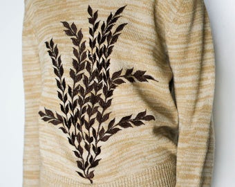 50s Embroidered Knit Sweater / Vintage 50s Wheat Sweater Beige Pullover / Beige Brown Sweater Women's Small / Vintage Clothing