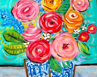 Items similar to Original Acrylic Painting, Abstract Flowers, 12x16