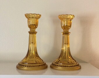 Pair of Amber Glass Candlestick Holders - Vintage