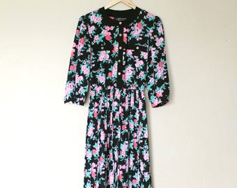 1980s 3/4 Sleeve Floral Print Dress