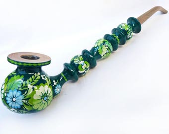 Smoking pipe, Handpainted pipe, Long tobacco pipe, Original wooden pipe,Carved pipe,Wooden pipe, Smoking accessories, Green pipe, Peace-pipe