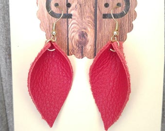 Soft Folded Red Leather Hanging Earrings