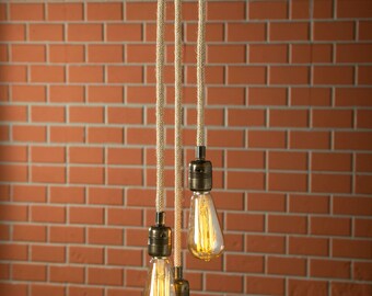 Handmade Rope Hanging Lamp, Vintage Pendant Fabric Cable, Rustic Pendant Light, Hanging Edison Lamp, Rope Pendant Light, Rustic Lighting