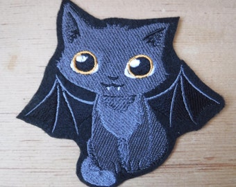 Tricky KItty Embroidered Iron On Patch, Spooky Kitty, Patches, Bat Costume, Glowing Eyes, Embroidered Applique, Gothic Patch, EGL Lolita
