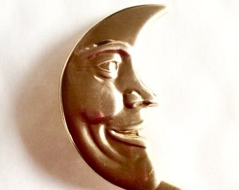 Art nouveau style moon brooch pin, man in the moon raw brass vintage finding