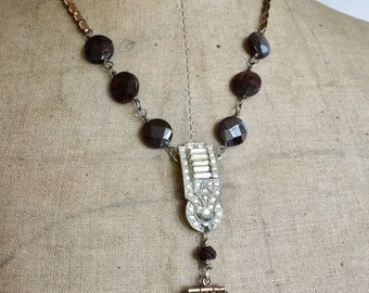 Ambra, necklace with antique locket and vintage rhinestones