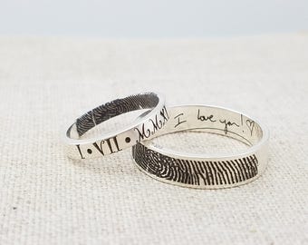 Personalized Fingerprint Jewelry - Mom Gift Ring - ACTUAL Handwriting Jewelry - Engraved Silver Wedding Band - Memorial Jewelry - Ring