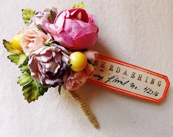 Bon Bon Pink Lavender yellow berries Roses Mixed bunch Vintage style Millinery Flower spray Bouquet floral corsage