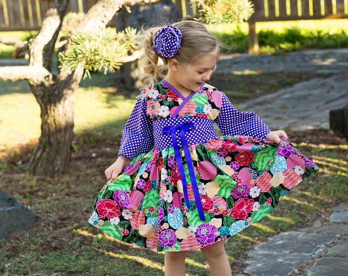 Toddler Girls Summer Dress - Party Dresses - Floral Cotton - Birthday - Teen, Preteen, Baby - Kimono Style - 3 Sleeve Lengths - 12 m to 14 y